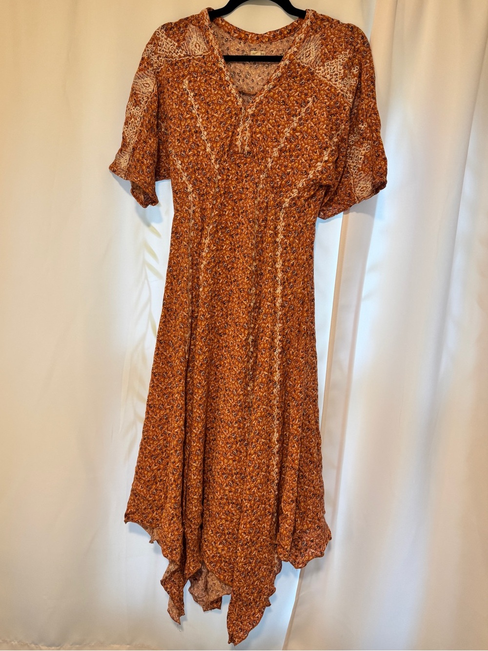 Rust Floral Handkerchief Hem Dress - Women's